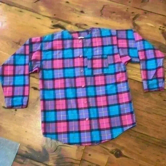 No Collar pink blue and purple button down flannel made in the USA - Picture 2 of 7